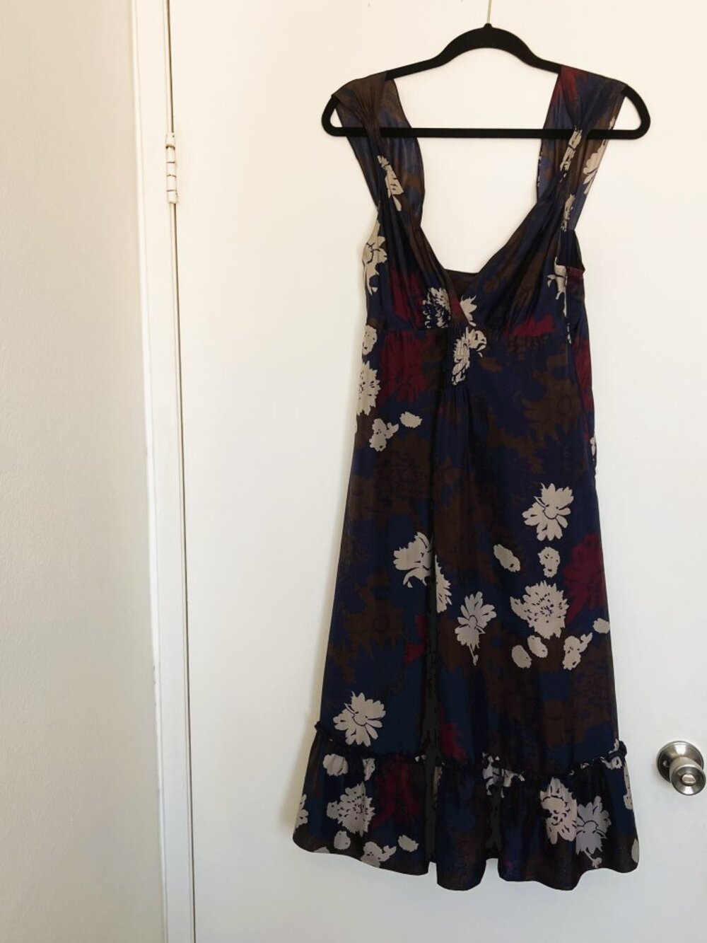 Jigsaw 100% Silk Floral Midi Dress Size UK 12 US 8 Blue Purple Lined Made Europe